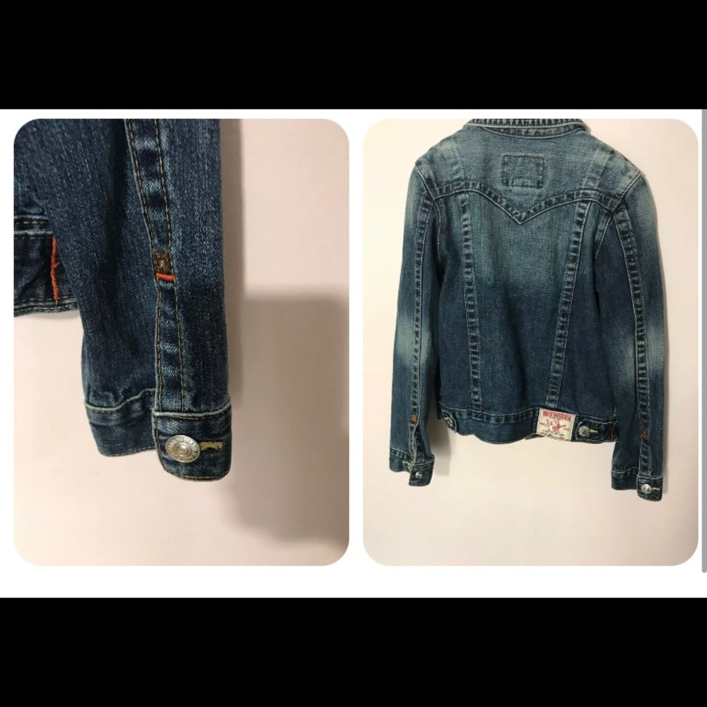 TRUE RELIGION Jean Jacket Blue Denim  Skinny Girls Sz L Large Tween Distressed
